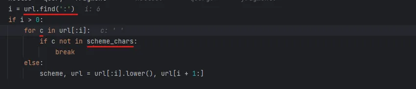 Root cause - url.find colon and for loop checking characters against scheme_chars