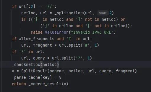 Code checking netloc, IPv6 format, fragments, query, and calling _checknetloc