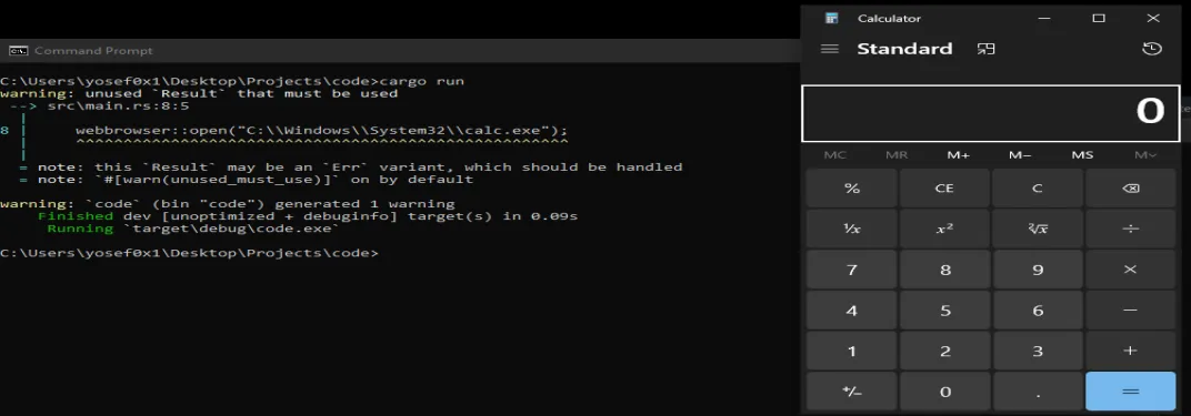 PoC — calc.exe launched via webbrowser::open()