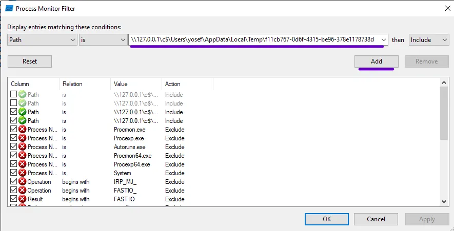 Procmon filter for file creation operations
