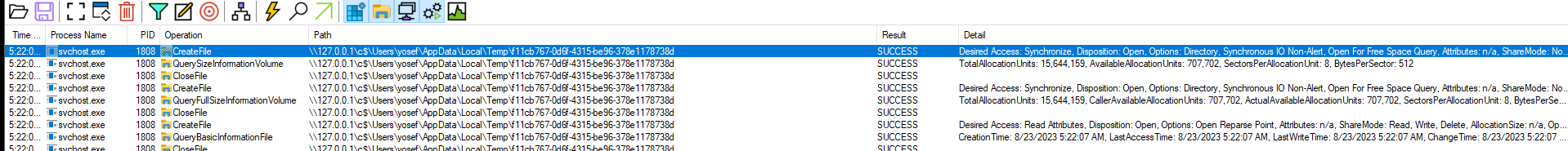Procmon filtered results showing file operations